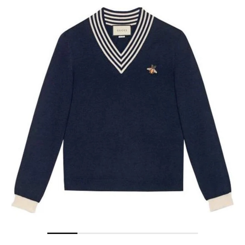 Gucci Men’s Bee Pattern V-Neck Wool Sweater Blue, Size L